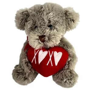 Grey Fuzzy Teddy Bear Holding XOXO Heart Plush Medium Size